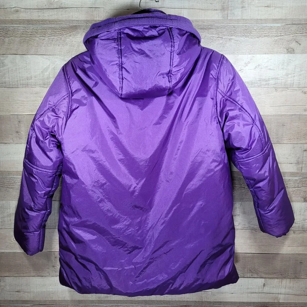 Girls Fleece Lined Jacket Sz 14 Removable Hood Purple Embroidered Coat CUFF FLAW
